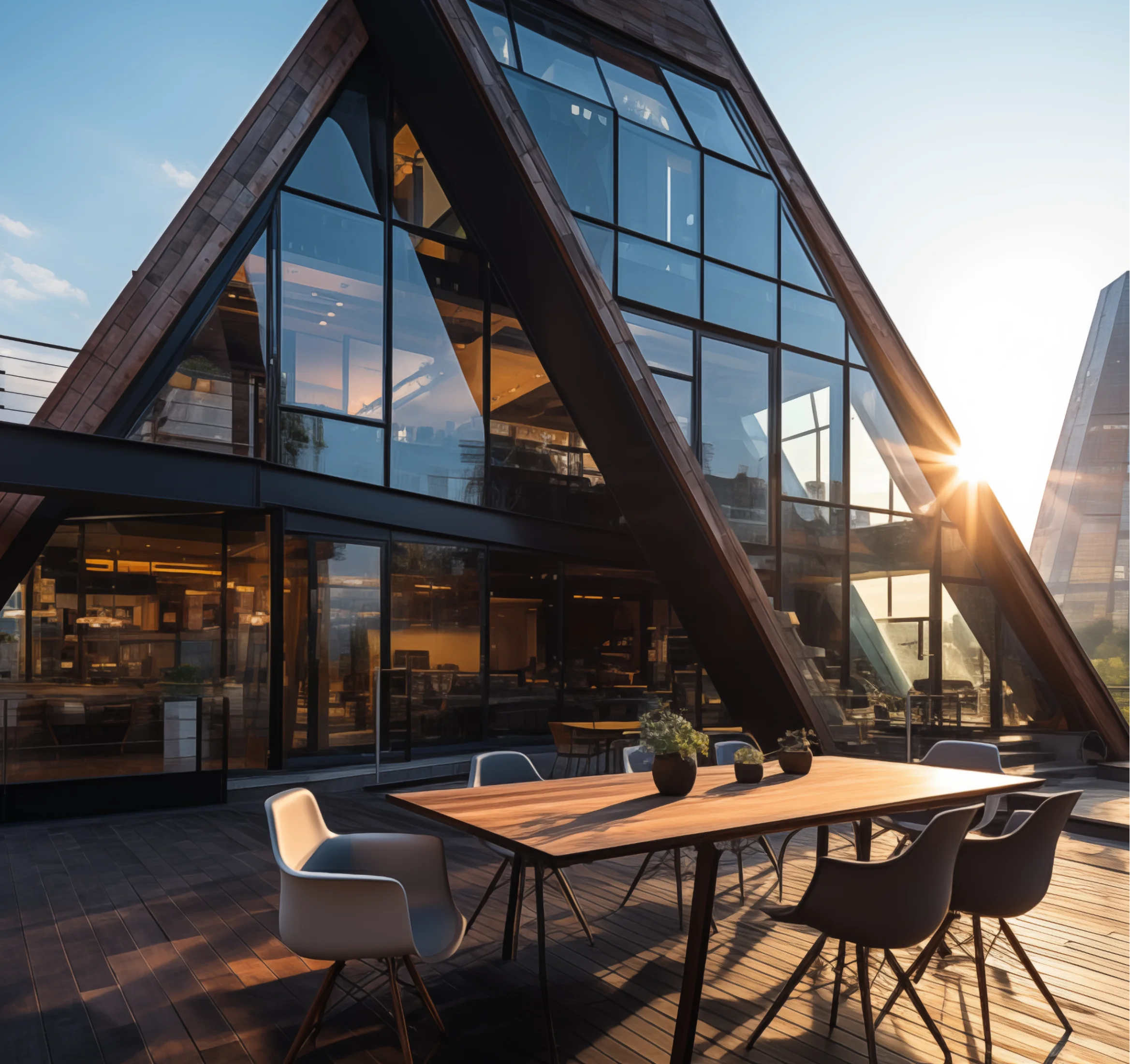 A stylish modern house by アーチラボ ゾーン showcasing a wooden roof and transparent glass walls.